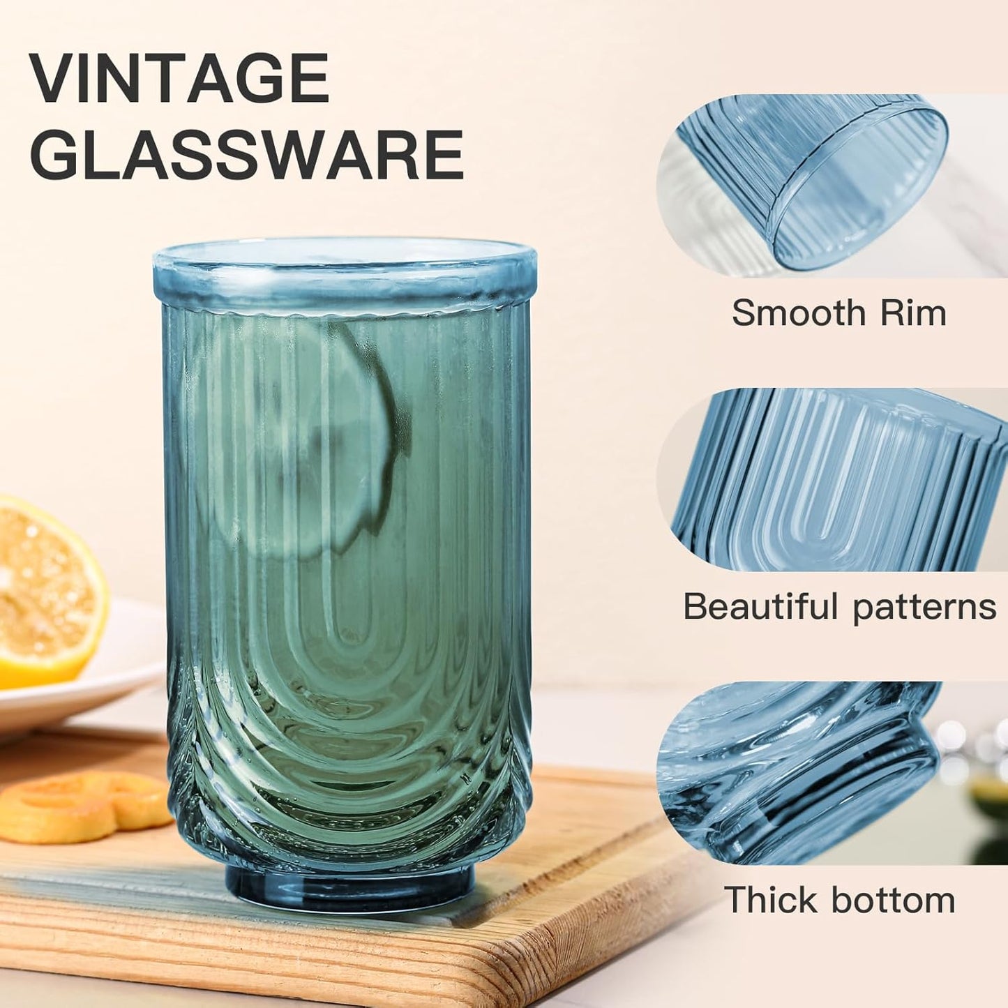 Blue Vintage Glassware Set of 6-17Oz Blue Water Drinking Glass, Art Deco Ripple Highball Glass, Whiskey Cocktail Glasses, for Bar Beverages Ice Coffee Juice, Housewarming Gifts