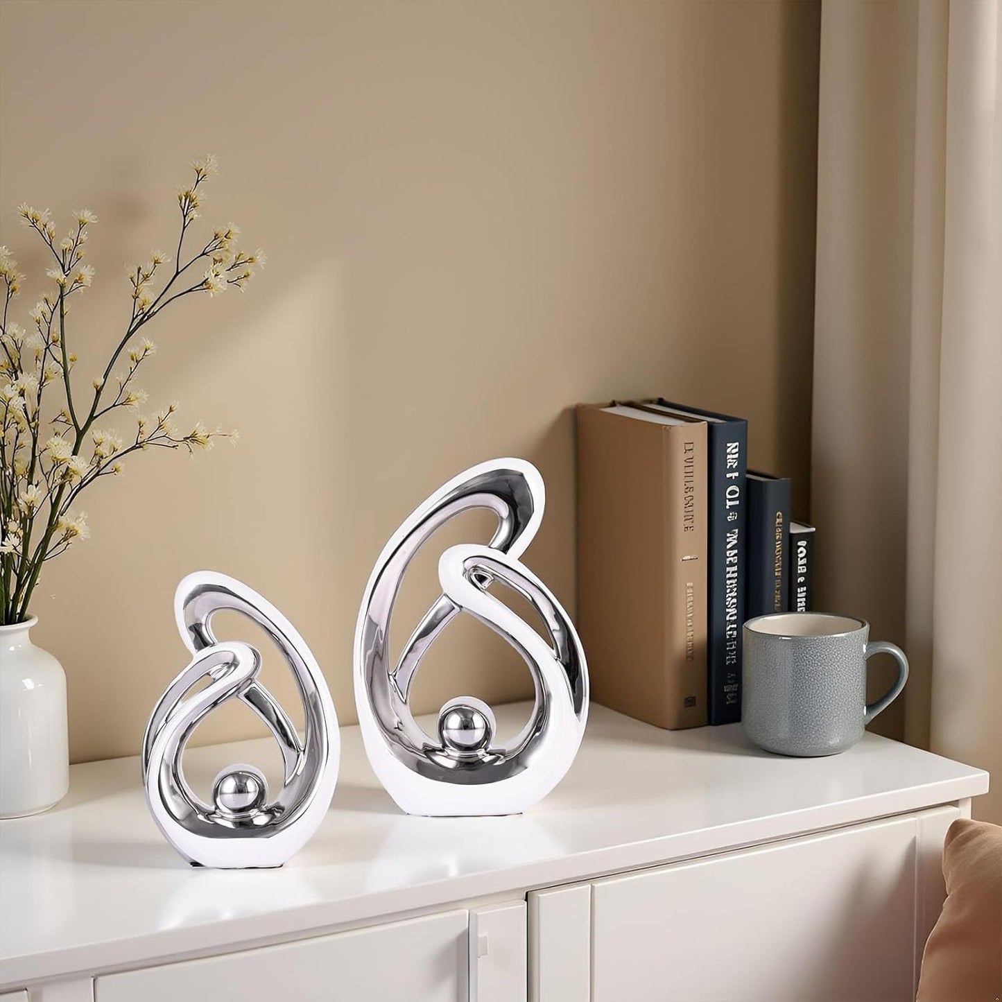 Home Decor Accent,Porcelain Art Mid Century Bookshelf Decorations,Gold Centerpieces for Tables,Abstract Ceramic Statue Sculpture for Coffee Table Mantel Tv Stand Centerpieces (White Silver, Small)