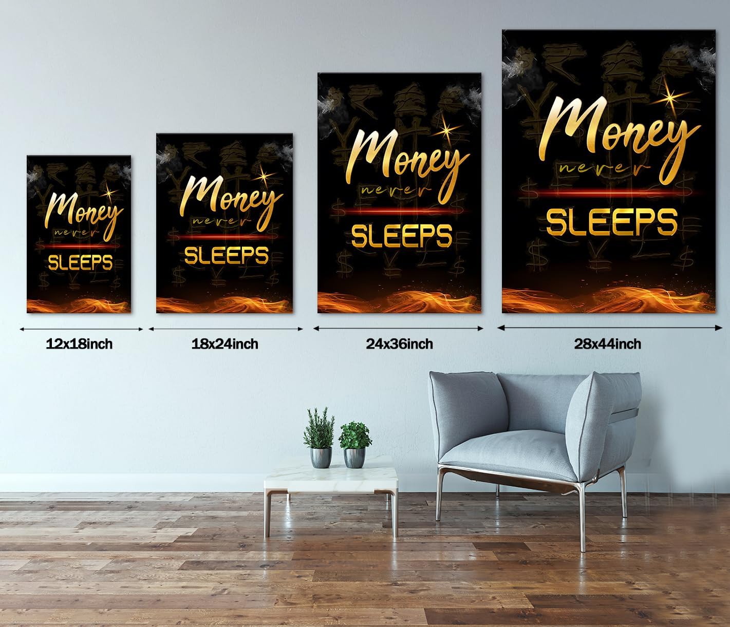 Black and White Golden Yellow Money Never Sleeps Positive Quotes Office Wall Art Framed Inspirational Artwork Living Room Bedroom Wall Decor Ready to Hang-24x36 inch