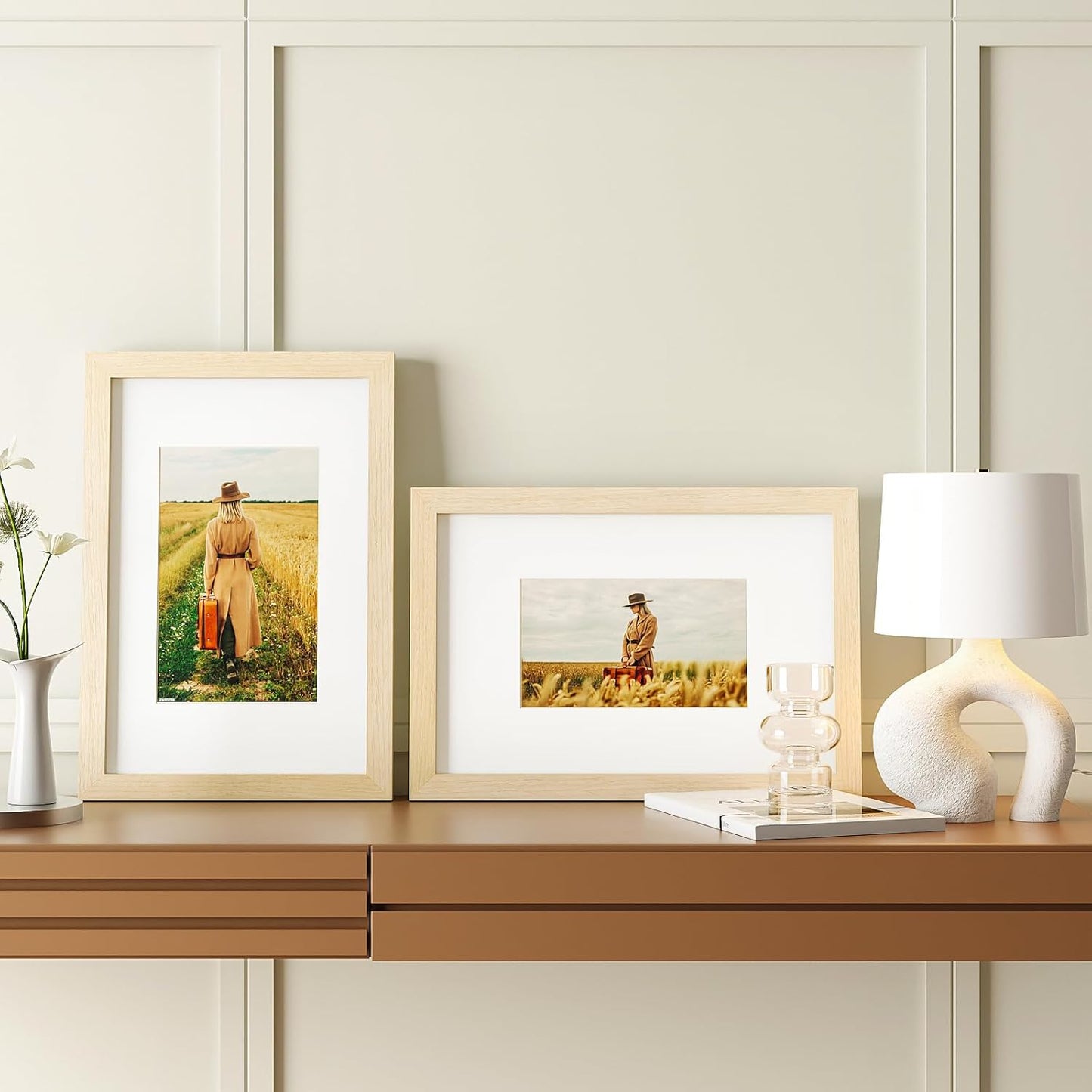 Egofine 8x12 Picture Frames Set of 4, Made of Solid Wood Covered by Plexiglass 5x7 and 6x8 with Mat or 8x12 without Mat, for Table Top Display and Wall Mounting Photo Frame Oak Wood