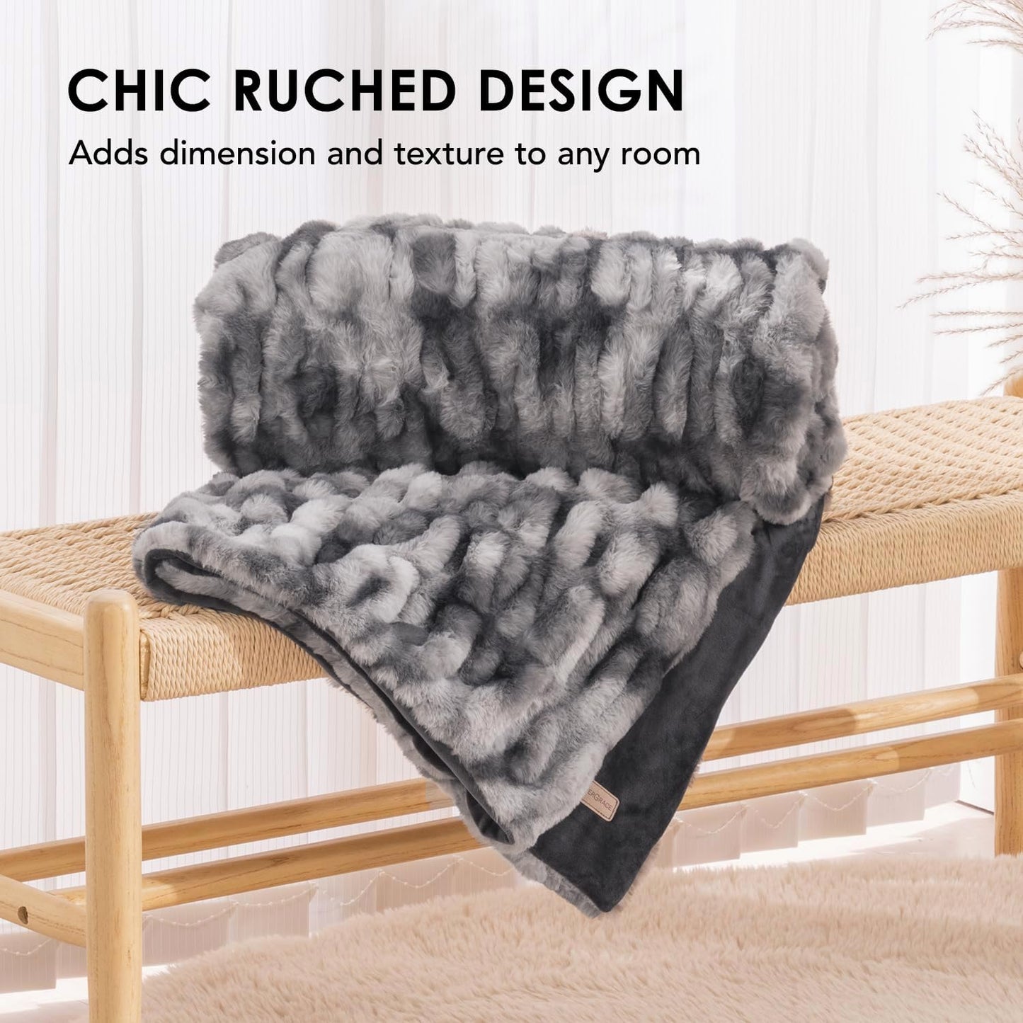 EVERGRACE Luxurious Soft Faux Fur Throw Blanket, Cozy Fuzzy Plush Warm Throws for Couch Bed Sofa Chair Home Decor, Ruched Bubble Fluffy Blanket with Reversible Velvet, 50" x 60", Gray