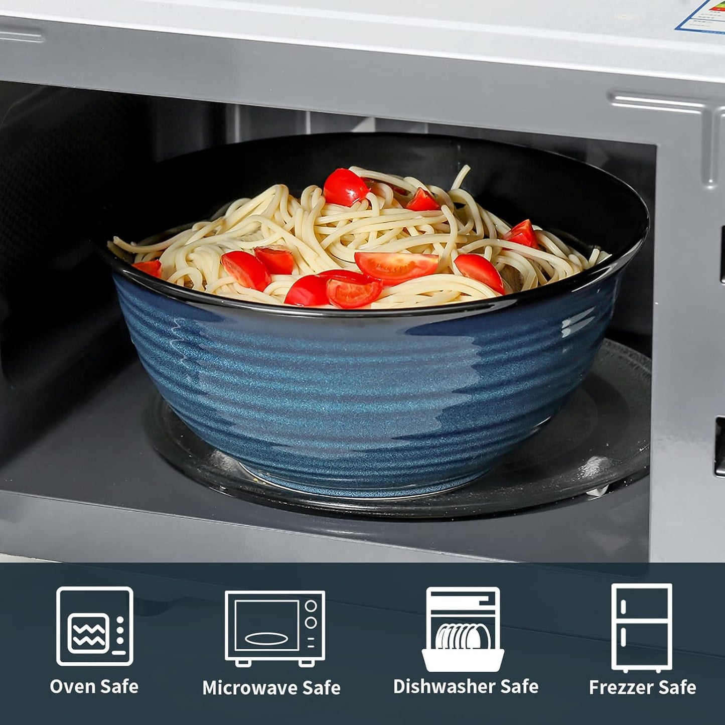 Hasense Large Serving Bowls, 9 Inch Ceramic Salad Bowls, 84 oz Serving Dishes for Entertaining, Deep Bowl Set Perfect for Soup Pasta Pho Popcorn Fruit, Dishwasher Microwave Safe, Set of 2, Navy Blue