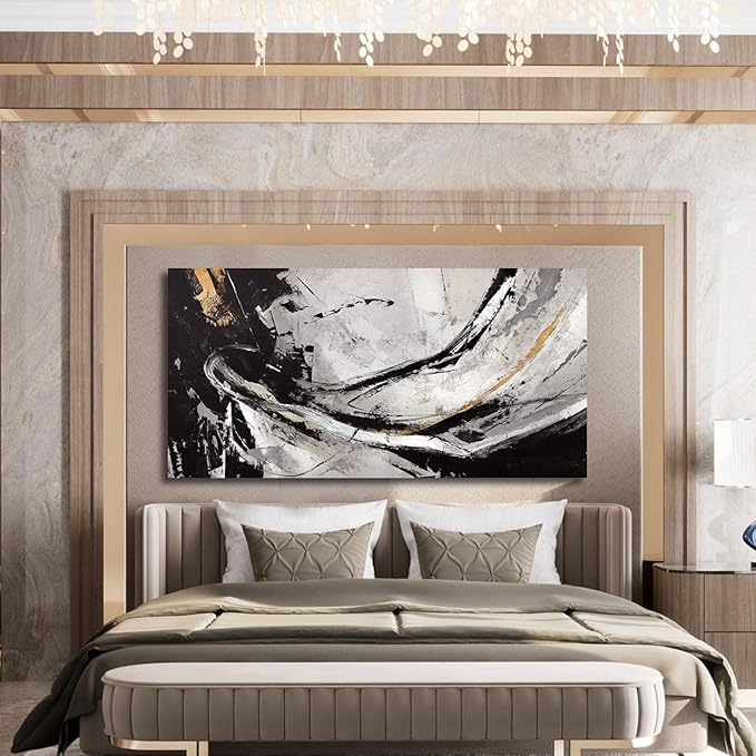 XIANSHOU Black and White Wall Art for Living Room/ 24x48 Inches Abstract Painting/Modern Artwork for Bedroom Home Office Wall Decorations
