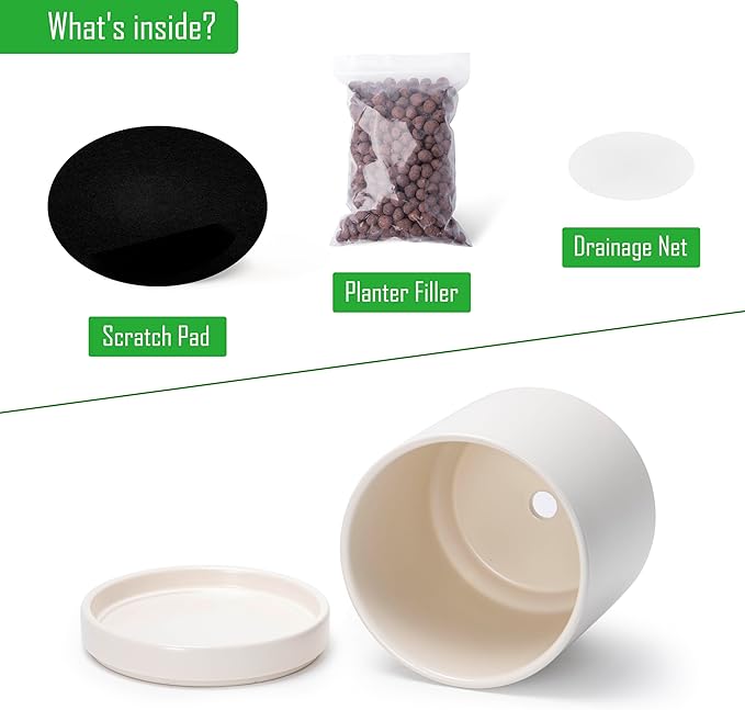 D'vine Dev 6.5 Inch Ceramic Planter Pot with Drainage Hole and Saucer, Indoor Cylinder Round Planter Pot, Oatmeal, 94-O-C-8