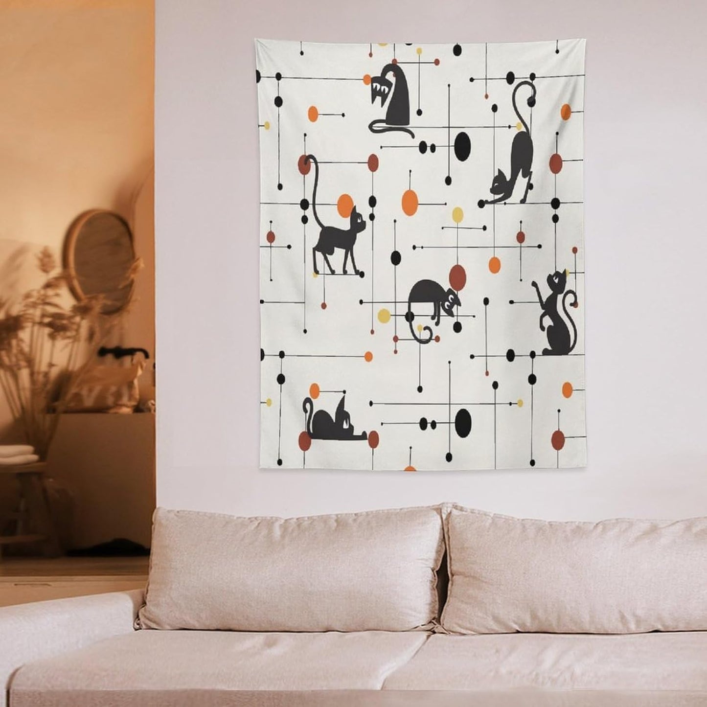 ICMOLYYENLO Abstract Cat Tapestry, Medieval Abstract Atomic Star Cat Vintage Home Wall Hanging Art Tapestry for Bedroom Living Room Dormitory 60x80 Inch