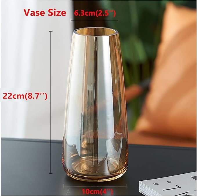 FANTESTICRYAN Modern Glass Vase Irised Crystal Clear Glass Vase for Home Office Decor (Crystal Amber)