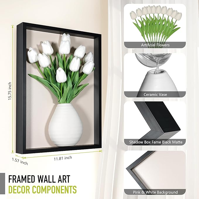 yimido Wall Planter Vase with Ceramic Pot & Artificial Tulips, 3D Wooden Wall Art Hanging Vases for Flowers, Indoor Wall Plant Holder for Home Decor, Wall Mounted Frame for Dried/Fresh Plants, Black