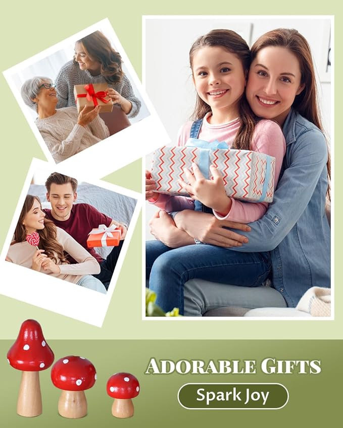 3Pcs Mushroom Decor Wooden Mini Figures Fairy Garden Accessories 2.9in 1.8in 1.2in Cute Miniature Mushrooms Home Decor for Bedroom Office Bonsai Fairy Garden Red