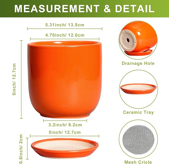 5 Inch Plant Pot - Ceramic Planter for Succulent Cactus Herbs Indoor Plants, Modern Round Flower Pot with Drainage Hole and Saucer, Gifts for Plant Lovers, Patio Office Home Decor, Orange