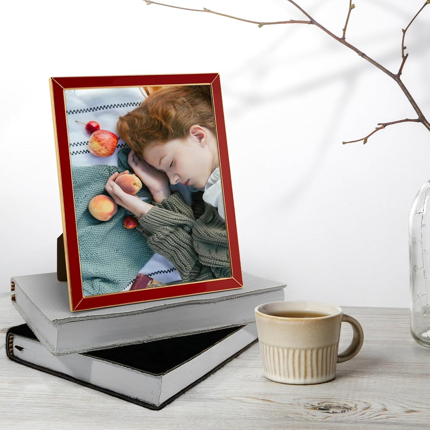 Frametory Enamel Picture Frame - 8x10 Gold Metal Edge Red Enamel Picture Frame With Easel and Velvet Back for Tabletop Display, Bookshelf, 8x10 Wall Decoration, Photo Frames-2 Set