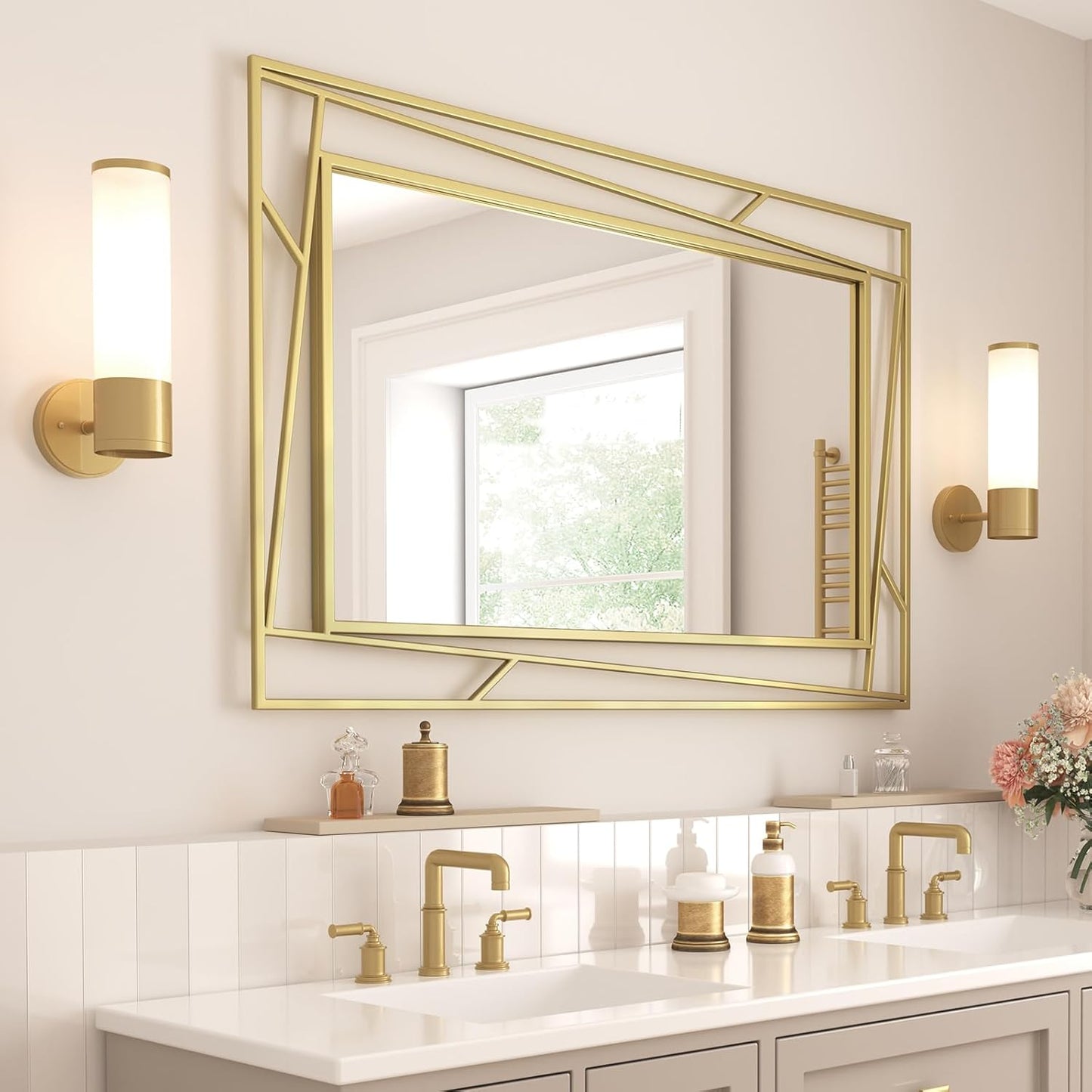 Gold Mirror 48 x 24 Brushed Gold Metal Framed Bathroom Mirror, Tempered Glass, Modern Farmhouse Wall Mounted Mirror for Decorative(Horizontal/Vertical)