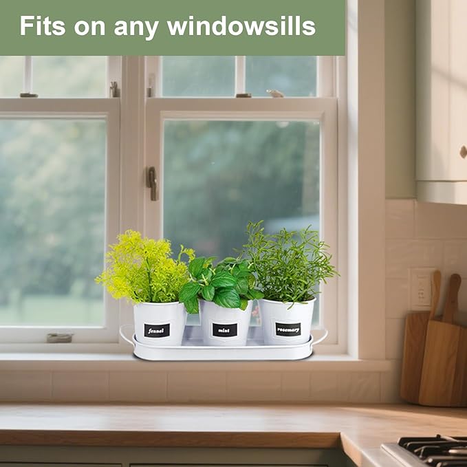 4" Herb Garden Planter Kit, Indoor Herb Planters with Tray, Set of 3 Metal Windowsill Pots for Flower Plants with Drainage Hole, Customizable Labels & Marker Pen, White