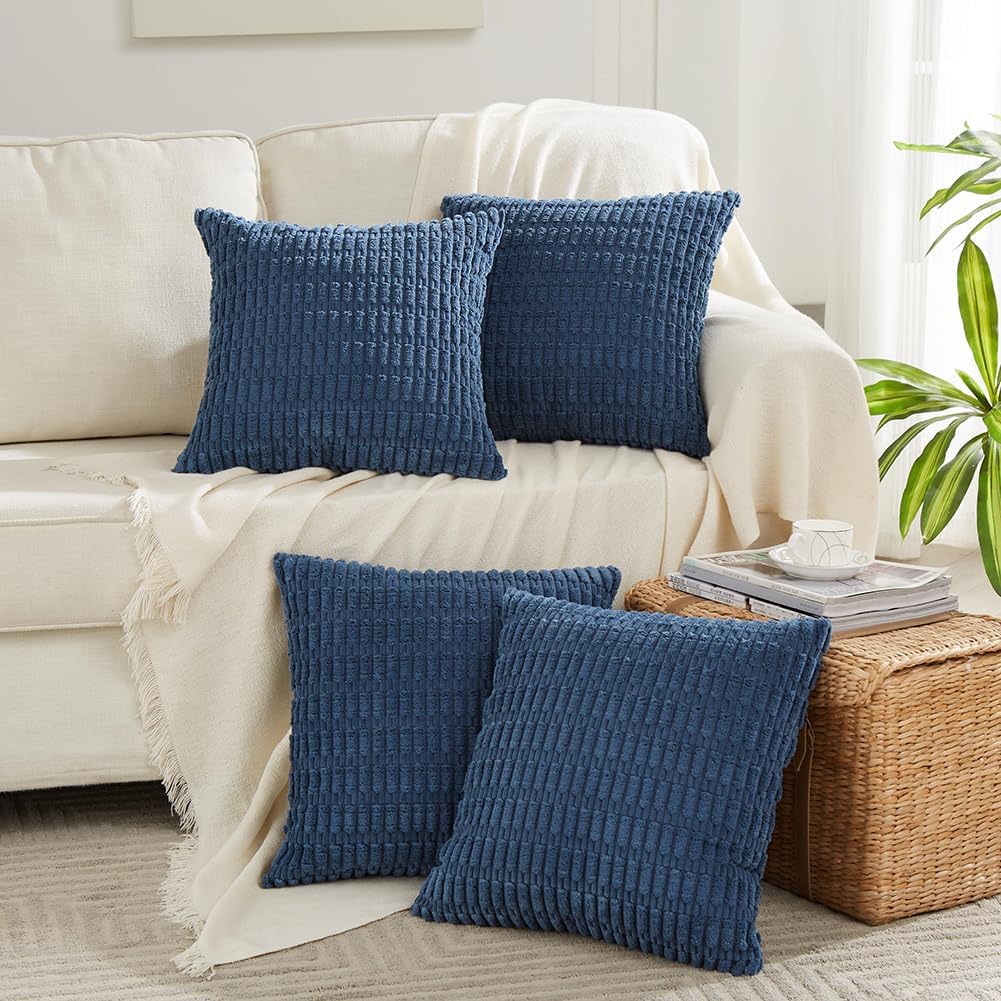 Fancy Homi 4 Packs Dusty Blue Decorative Throw Pillow Covers 14x14 Inch for Living Room Couch Bed Sofa, Rustic Farmhouse Boho Home Decor, Soft Plush Striped Corduroy Square Cushion Case 35x35 cm