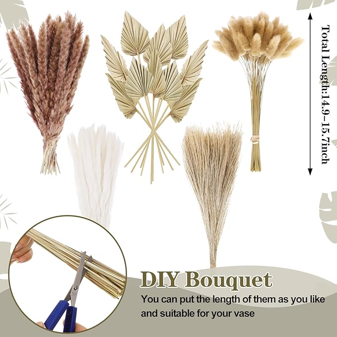 110 Pieces Dried Pampas Grass Decor Bulk, Dried Palm Spears Bunny Tails Pampas Reed Grass Dried Palm Leaves Dried Flower Bouquet for Wedding Boho Home Decor