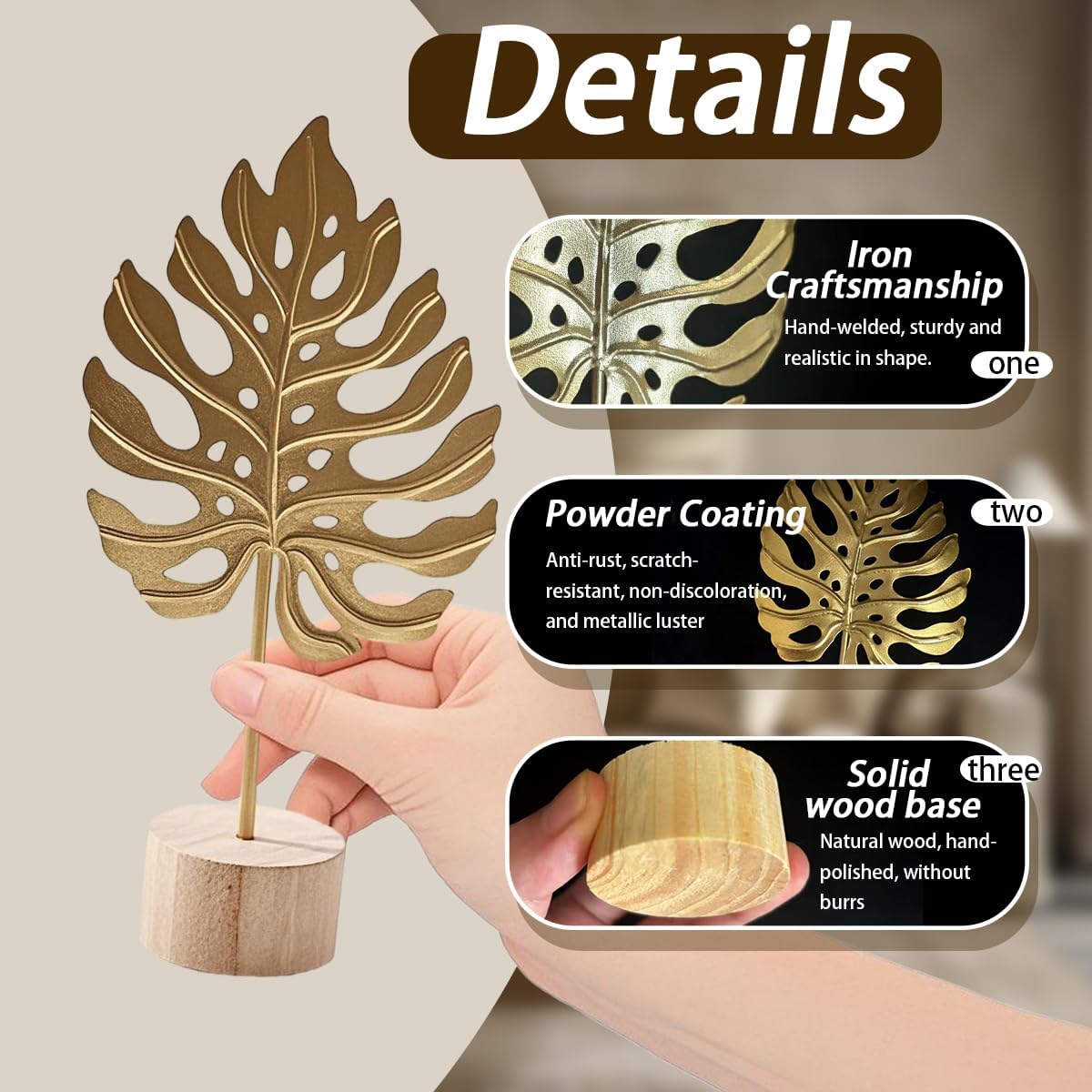 Gold Leaf Home Decor Set - Metal Leaves Statues, Modern Artistic Sculptures for Living Room, Office, Shelf & Home Decorative, Handmade 3D Botanical Accents (Monstera, Feather, Ginkgo, 3PCS)