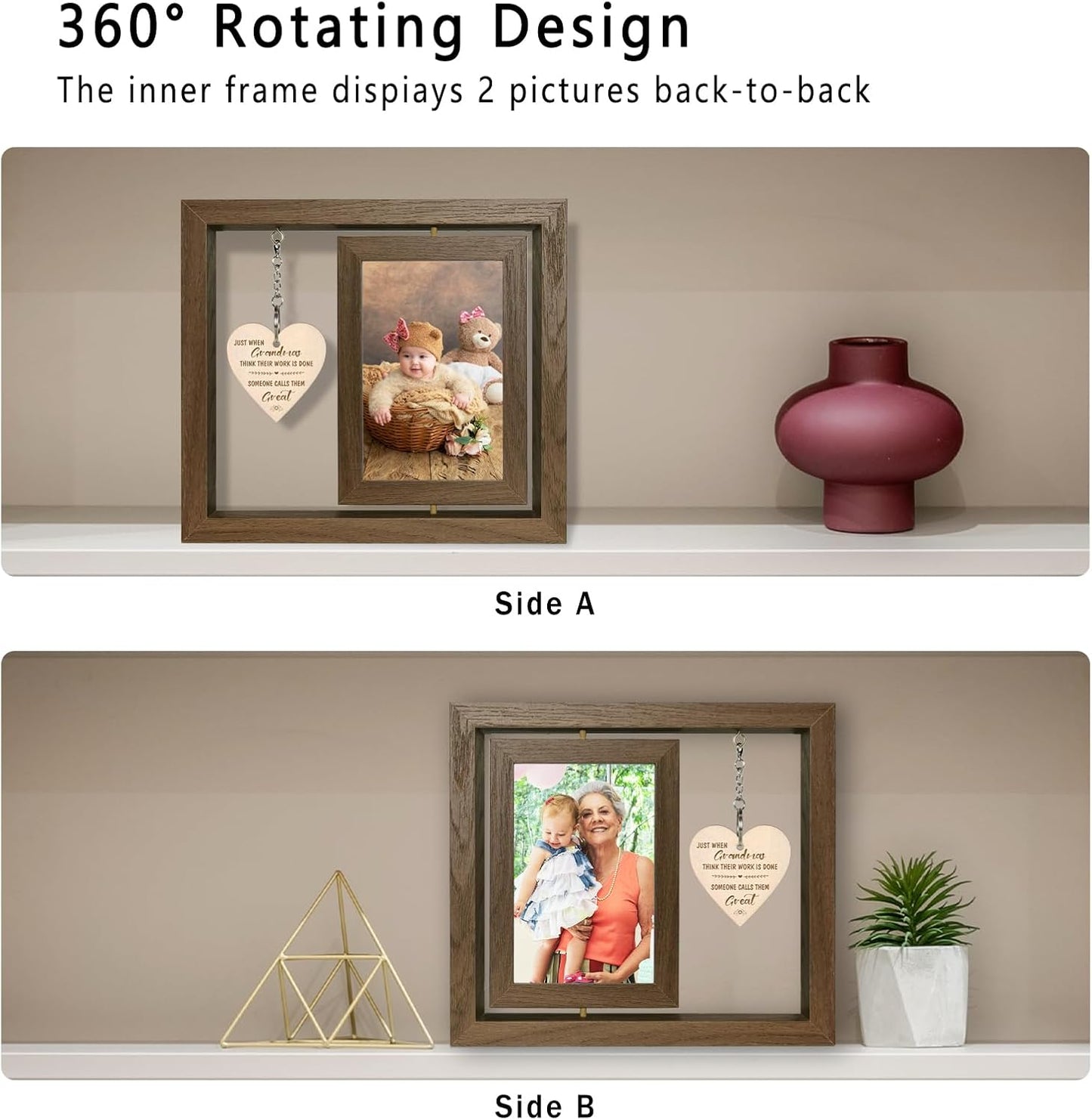 Great Grandma Gifts - Rotating Wooden Great Grandma Picture Frame for Two 4x6 Photos - Glass Cover, Gift Box Included - Just When Grandmas Think Their Work Is Done, Someone Calls Them Great