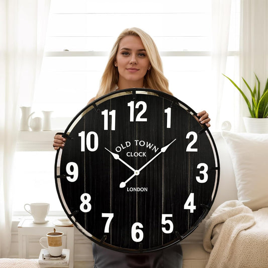 Farmhouse Black 30 Inch Wooden Large Wall Clock, Silent Non-Ticking Quartz Movement, Battery Operated Modern Rustic Clock for Living Room, Kitchen, Office, Home Decor