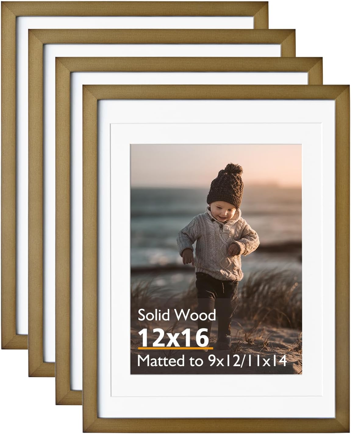 KINLINK 12x16 Picture Frame Brown, Solid Wood Frames with Acrylic Plexiglass for Pictures 11x14/9x12 with Mat or 12x16 without Mat,Wall Display Photo Frame, Set of 4