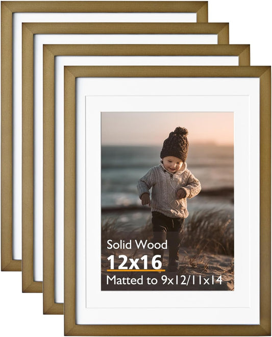 KINLINK 12x16 Picture Frame Brown, Solid Wood Frames with Acrylic Plexiglass for Pictures 11x14/9x12 with Mat or 12x16 without Mat,Wall Display Photo Frame, Set of 4