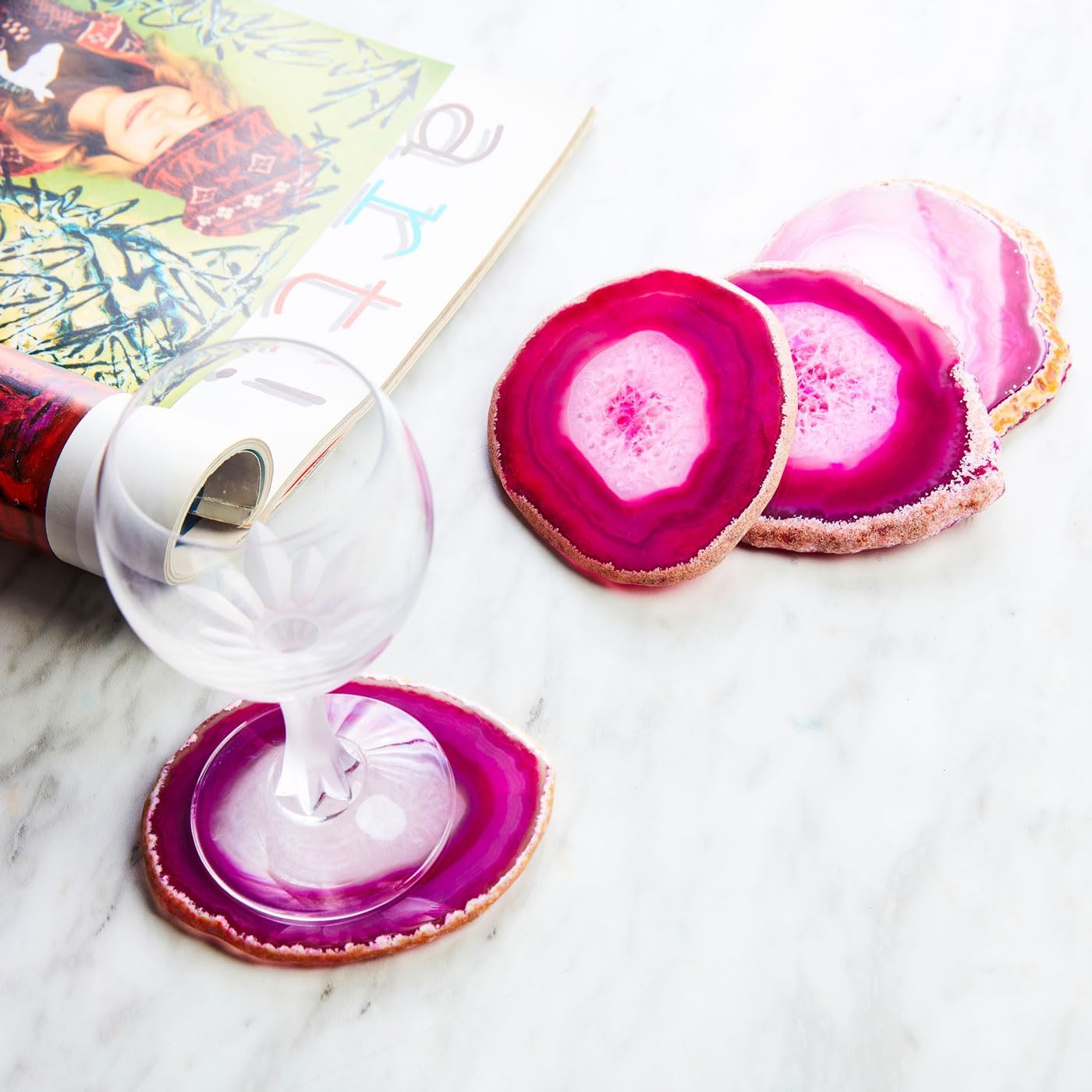 Luxury Lane Set of 4 Large Natural Brazilian Agate Slice Geode Rock Stone Drink Coasters with Wood Holder 4.3-4.7 inch Centerpiece Table Decoration, Rose Pink
