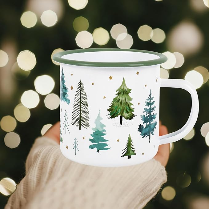 Whaline 2Pcs Christmas Mini Coffee Mugs 12oz Enamel Cup with Handle Watercolor Xmas Tree Forest Drinking Mug for Winter Holiday Birthday Party Favor Supplies