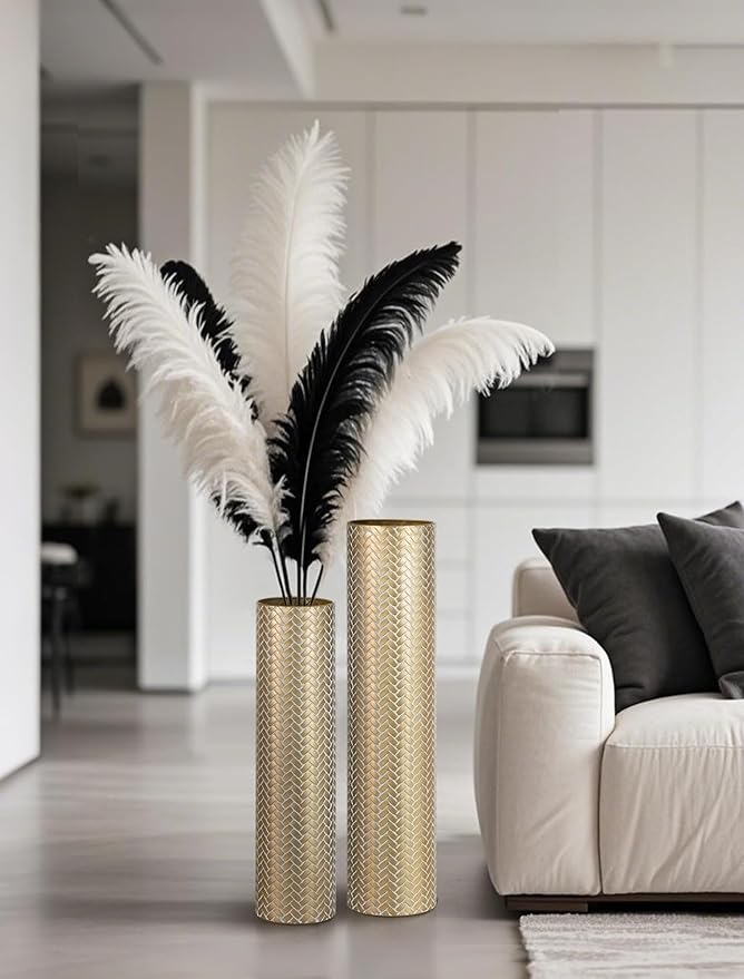 Sziqiqi Tall Gold Floor Vase: Set of 2 Woven Texture Metal Cylinder Vases Extra Large Decorative Standing Vase - 27.6/21.7in Vintage Vases Home Decor for Living Room Bedroom Home Corner Indoor Office