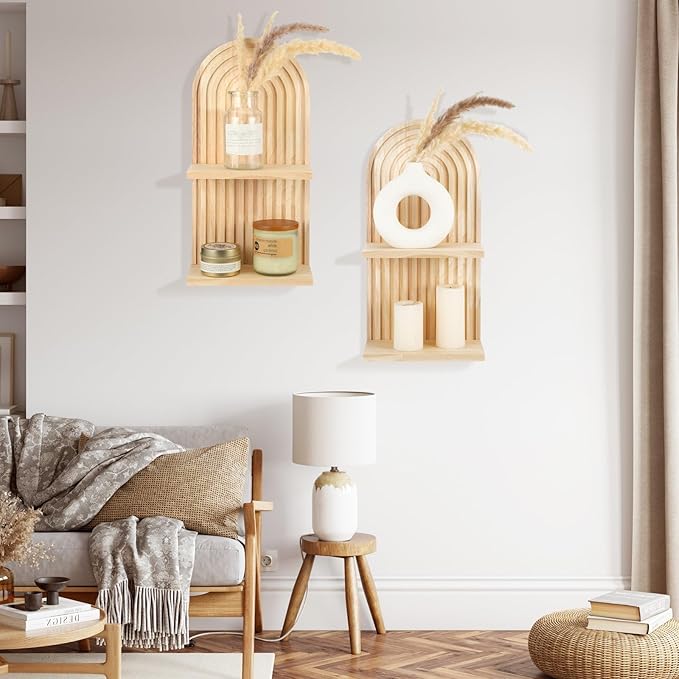 Geetery 2 Pcs Arch Wood Floating Shelf Mid Century Rainbow Wall Shelves Modern Boho Wall Shelf Retro Mounted Wood Arch Decor for Bedroom Living Room Classroom Bathroom Display(2 Tier)