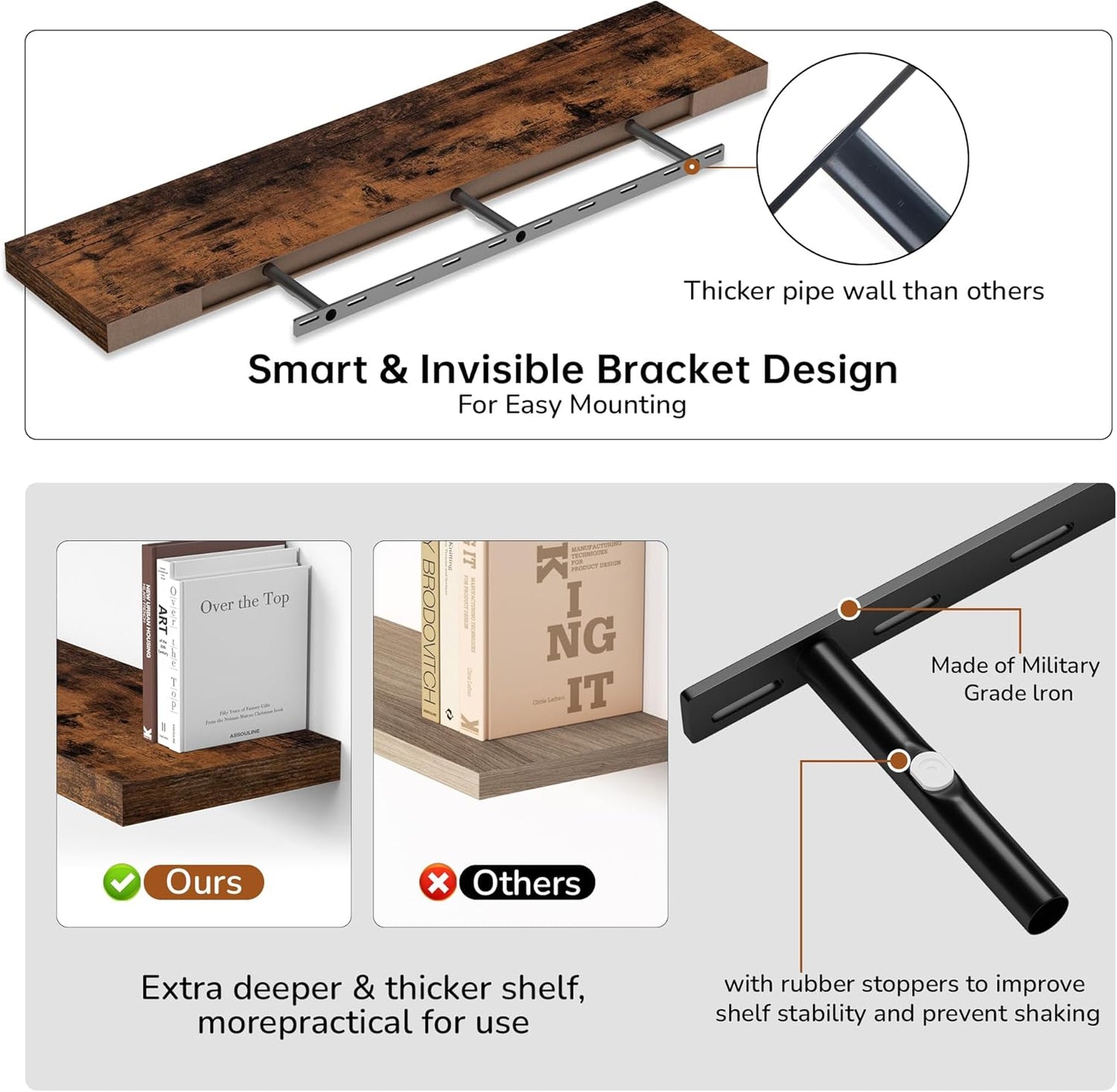 Fun Memories 48 Inch Floating Shelves - Fireplace Mantel Shelf - Deep Wall Mounted Wood Storage Shelf for Bedroom, Kitchen, Farmhouse - 1 Pack, Rustic Brown
