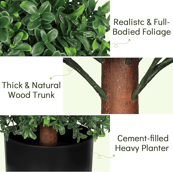 3 FT Artificial Boxwood Trees Outdoors, 36 inch Faux Boxwood Topiary, Set of 2 UV Resistant Bushes & Fake Evergreen Shrubs for Patio Yard Porch Fence Outside Decor