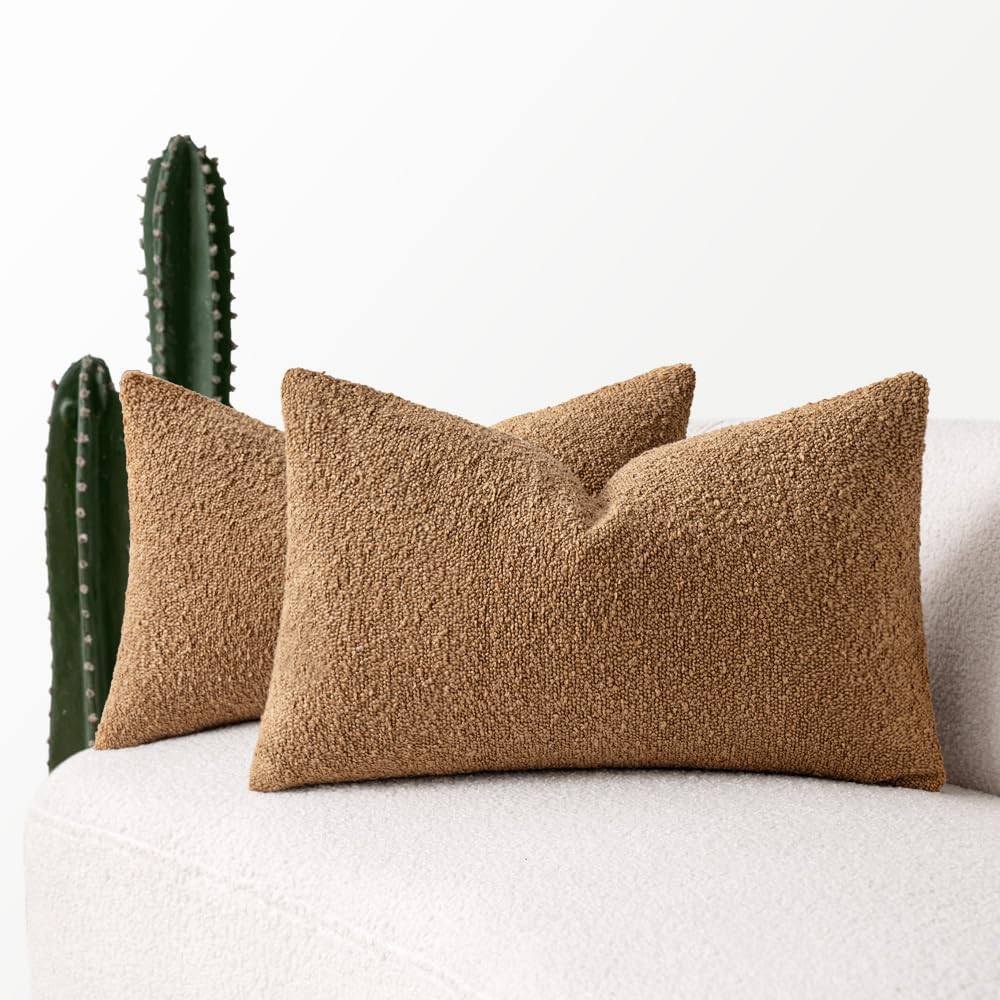 MIULEE 12x20 Inch Decorative Lumbar Throw Pillows for Bed Set of 2 Textured Boucle Neutral Winter Throw Pillow Covers Brown Accent Solid Vintage Pillowcases Sofa Livingroom Home Decor