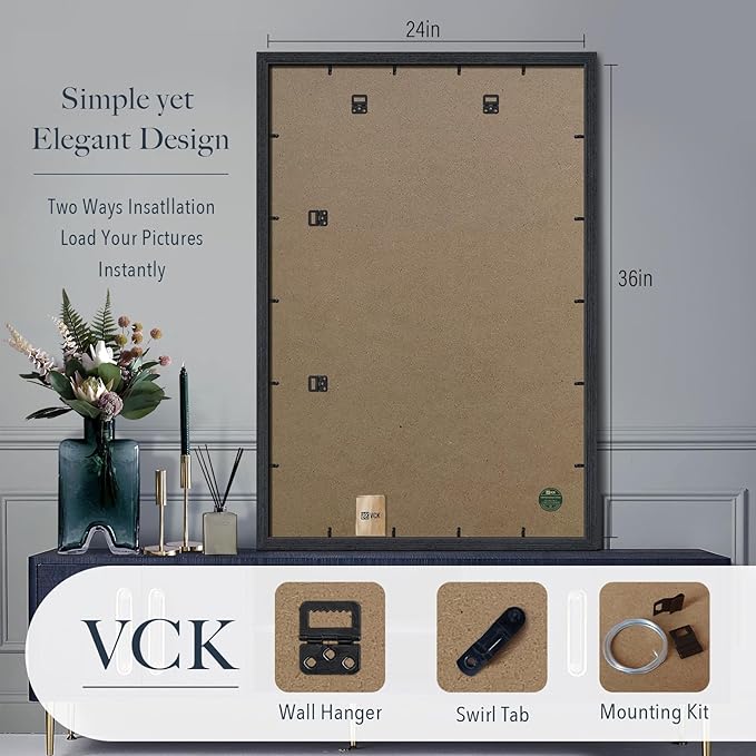 VCK 24x36 Poster Frame Black Oak - 3 Pack, Exclusive Natural Textured Solid Wood Picture Frame, Wall Hanging