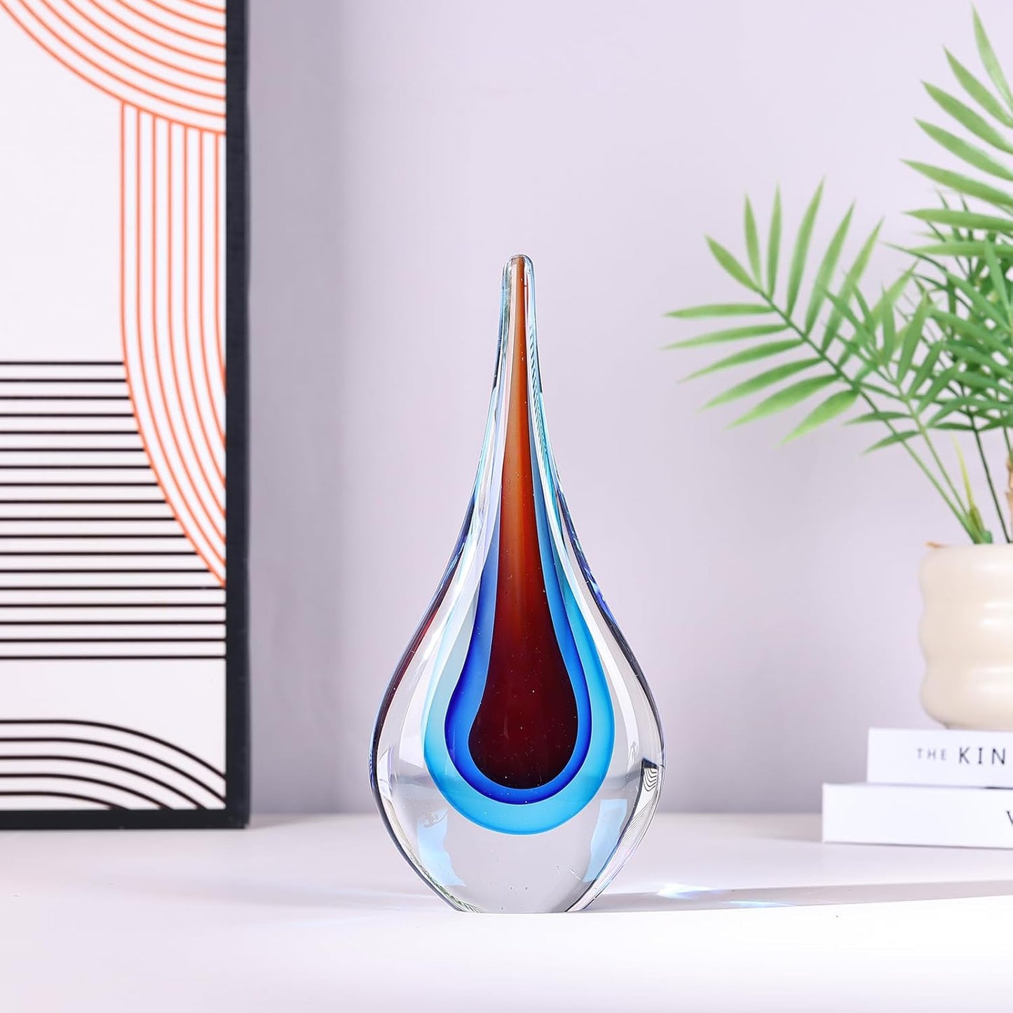 DOVDOV Blown Glass Sculpture, Blue and Brown Glass Art Teardrop Statue, Unique Ocean Theme Decoration for Office, Bookshelf, Dresser, Living Room Coffee Table, Fireplace countertop Decoration.