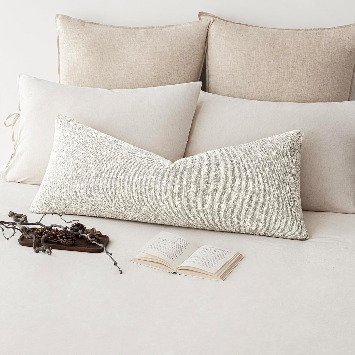 Foindtower Decorative Textured Boucle Throw Pillow Covers Accent Solid Pillow Cases Neutral Long Body Lumbar Couch Cushion Case for Chair Sofa Bedroom Living Room Home Decor 14x36 Inch,1PC,White