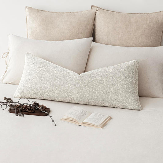 Foindtower Decorative Textured Boucle Throw Pillow Covers Accent Solid Pillow Cases Neutral Long Body Lumbar Couch Cushion Case for Chair Sofa Bedroom Living Room Home Decor 14x36 Inch,1PC,White