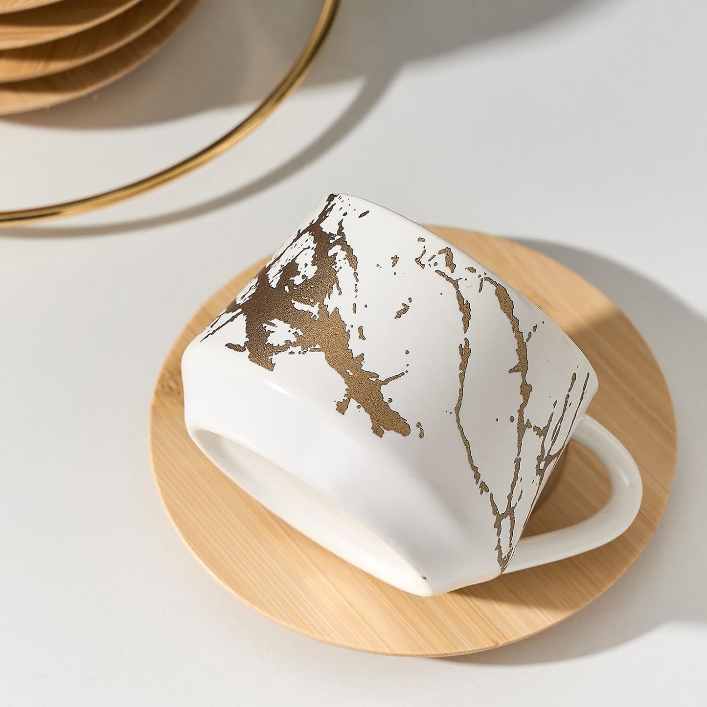 LUKA Ceramic Espresso Cups with Saucers and Metal Stand, Small 4 oz Porcelain Demitasse Cups Set of 6, Cute Cappuccino Coffee Cups for Double Espresso, Tea, Marbling White & Black