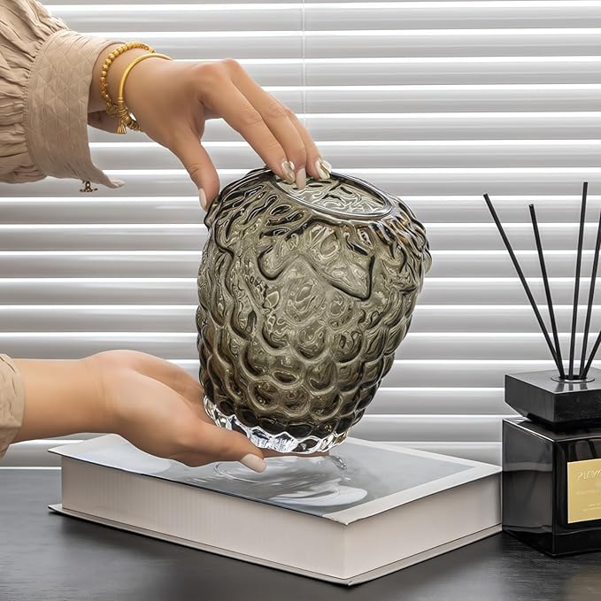 Grape Bubble Glass Vase for Flowers, Round Vintage and Clear Black Colored Smoke Glass Vases for Modern Home Decor (Crystal Grey 6" W X 6.7" H)