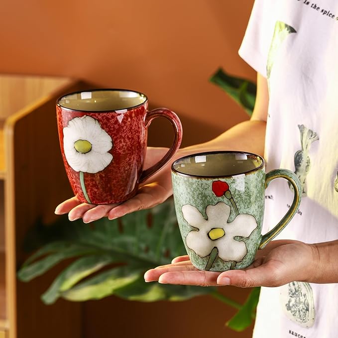 12oz/350ml Ceramic Coffee Mug with Handle,Hand Painted Vintage Floral Cappuccino Cup, Suitable for Tea Cups,Colorful Stoneware Coffee Mugs and Drinking Cup,Ideal Gifts for Women and Men-Green