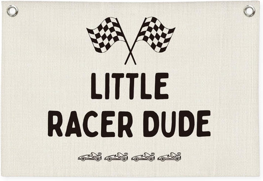 Little Racer Dude Canvas Banner – Race Car Room Decor for Boys, Toddler Boy Wall Hanging for Bedroom or Playroom, 30x20 Inch