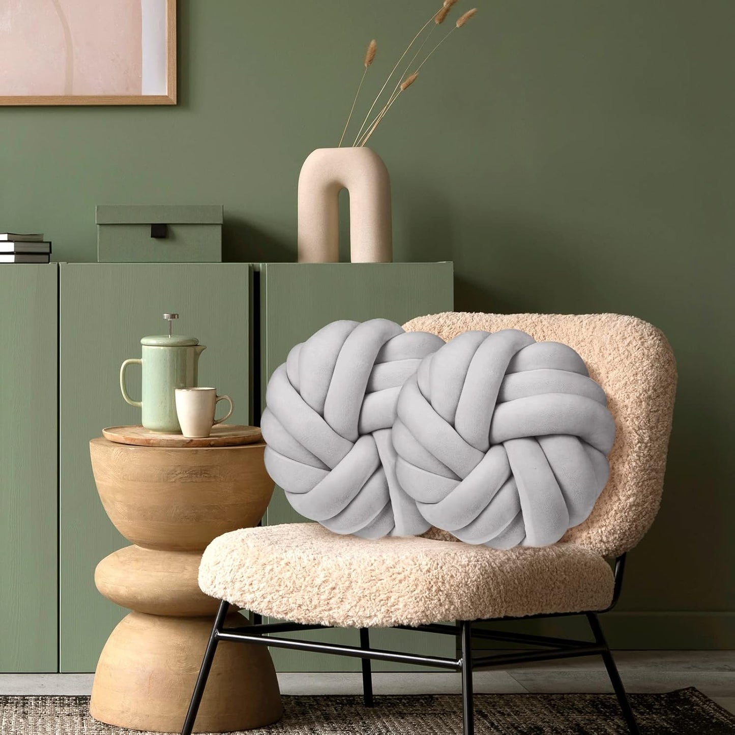 Fumete 2 Pcs 14 Inches Knot Pillow Round Throw Soft Plush Knot Ball Pillow Handmade Knotted Modern Home Decorative Cushion for Bed Bedroom, Sofa, Couch (Gray)