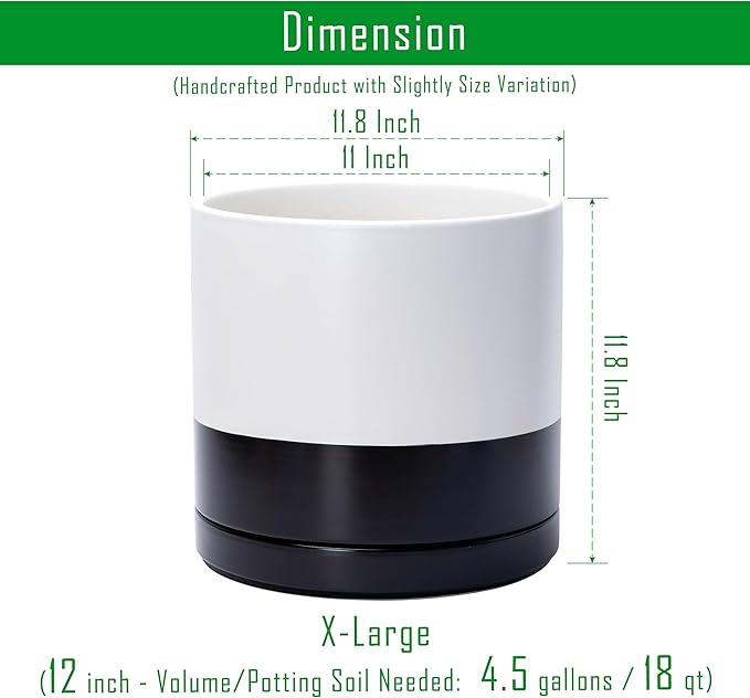 D'vine Dev 12 Inch Ceramic Planter Pot with Drainage Hole and Saucer, Indoor Cylinder Round Planter Pot, Layered Monochrome Black & White, 94-O-F-L