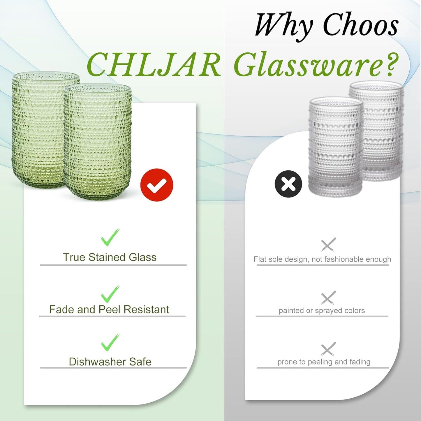 Hobnail Drinking Glasses Set of 6, 14 oz Vintage Glassware Set, Embossed Green Water Tumbler for Beer, Juice, Cocktail, Whiskey, Milk, Green