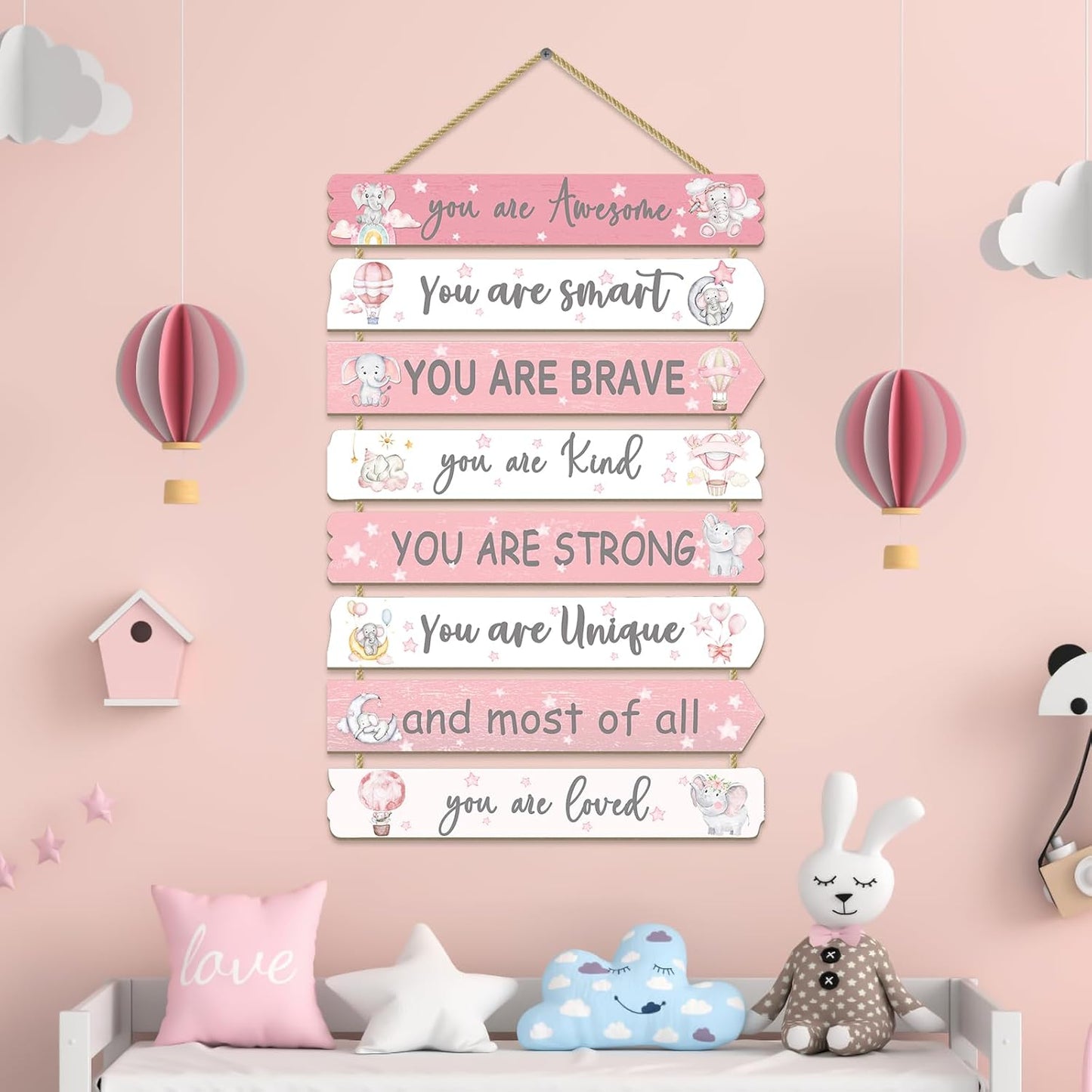 Girls Room Decor Elephant Wall Art Inspirational Wood Sign for Kids Bedroom Nursery Toddler Pink Decorations, 8 Pieces, 11.4"x2"