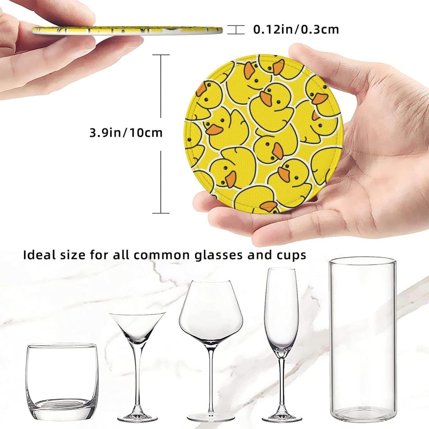 Drink Coasters with Holder Stand Set of 6 Yellow Ducks Pattern Drawing Pu Leather Absorbent Coasters with Cork Base Table Round Coaster for Housewarming Apartment Kitchen Bar Decor