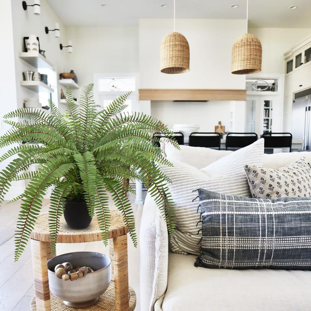 Hollyone Large Artificial Fern Potted Plant for Outdoors Indoors Lifelike Faux Boston Fern Artificial Plants in Black Pot for Garden Patio Home Farmhouse Windowsill Office Decoration