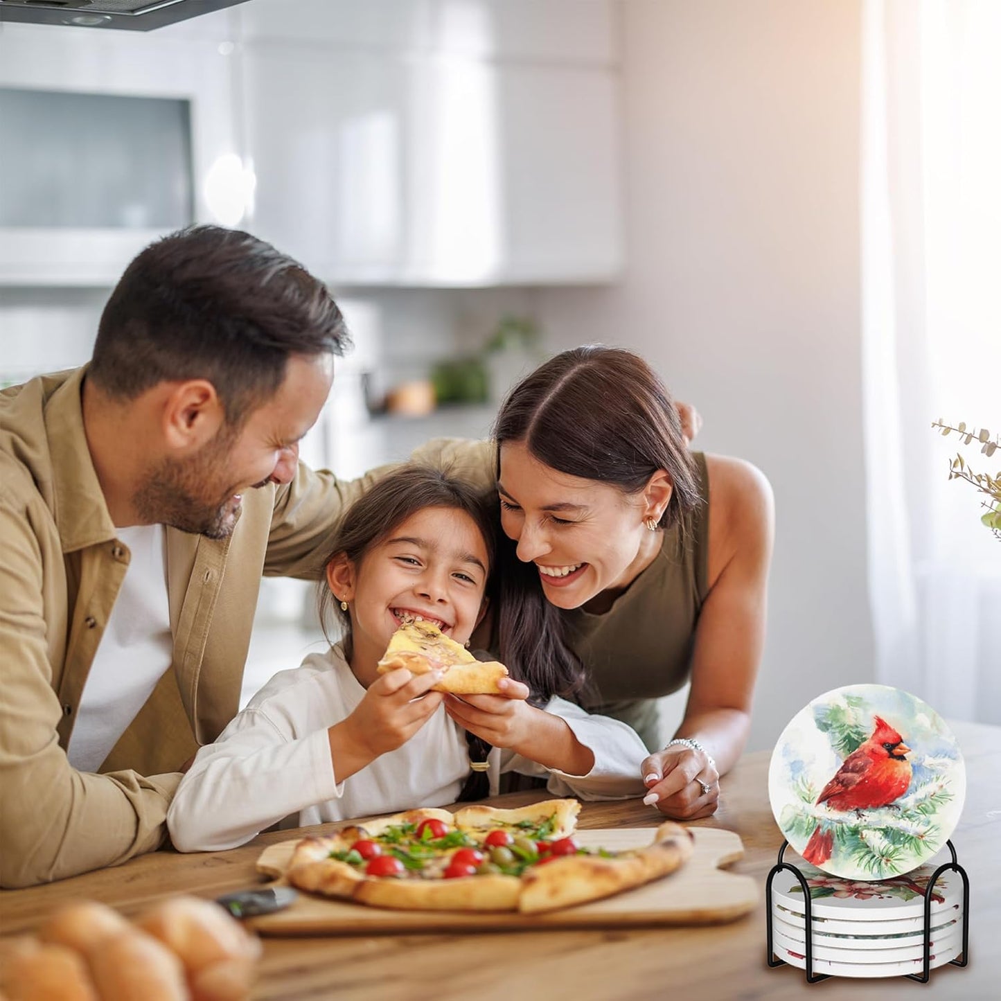 Coasters for Drinks Absorbent with Holder,Bird Cardinal Sets of 6 Durable Cup Coaster for Coffee Table Protection,Great Housewarming Birthday Gifts,Home Decor