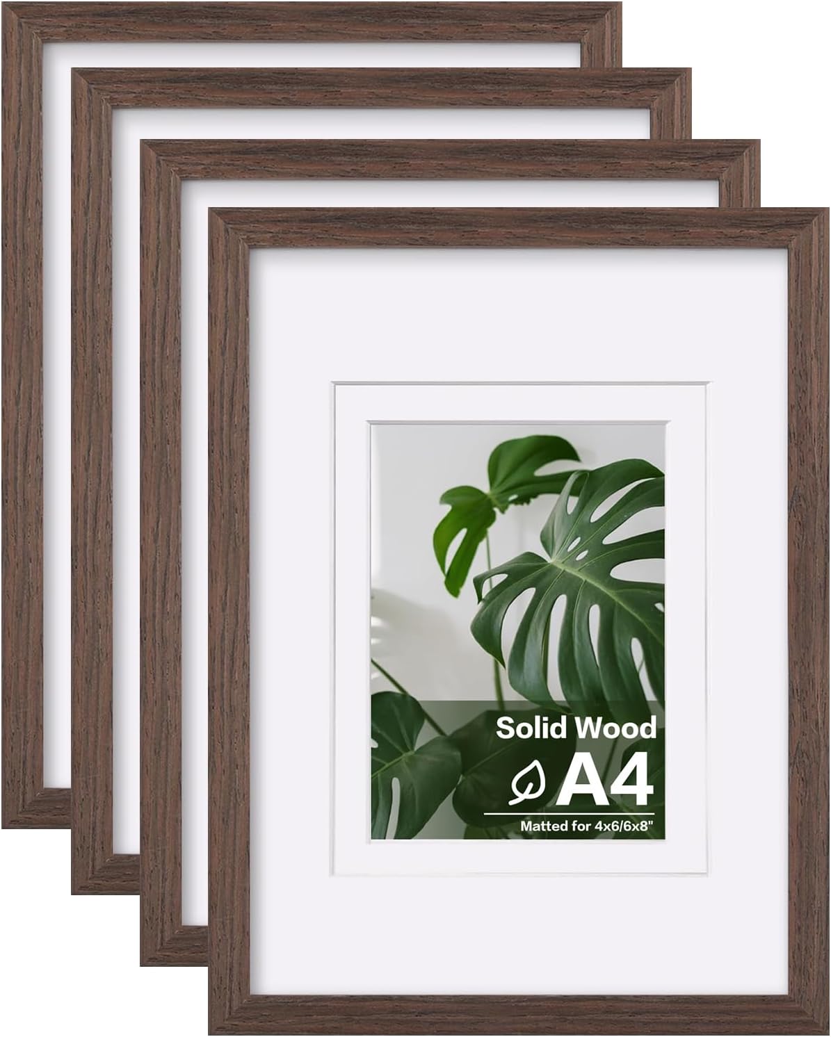 Egofine A4 Picture Frames Set of 4, Made of Solid Wood Covered by Plexiglass 4x6 and 6x8 with Mat or A4 without Mat, for Table Top Display and Wall Mounting Photo Frame Brown