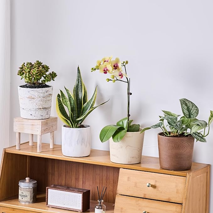 Ekirlin 7 Inch Natural Travertine Textures Plant Pot, Resin Outdoor Planter with Drainage Hole, Removable Rubber Stopper and Non-Slip Soft Pad,Weatherproof Decorative Pot for Indoor/Garden Plants