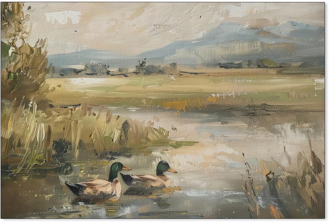 Mallard Duck Pond Poster Animal Farmhouse Canvas Wall Art Vintage Duck Painting Oil Painting Bird Hunter Gift for Rustic Cabin Nursery Wall Decor 24x36 inch Unframed