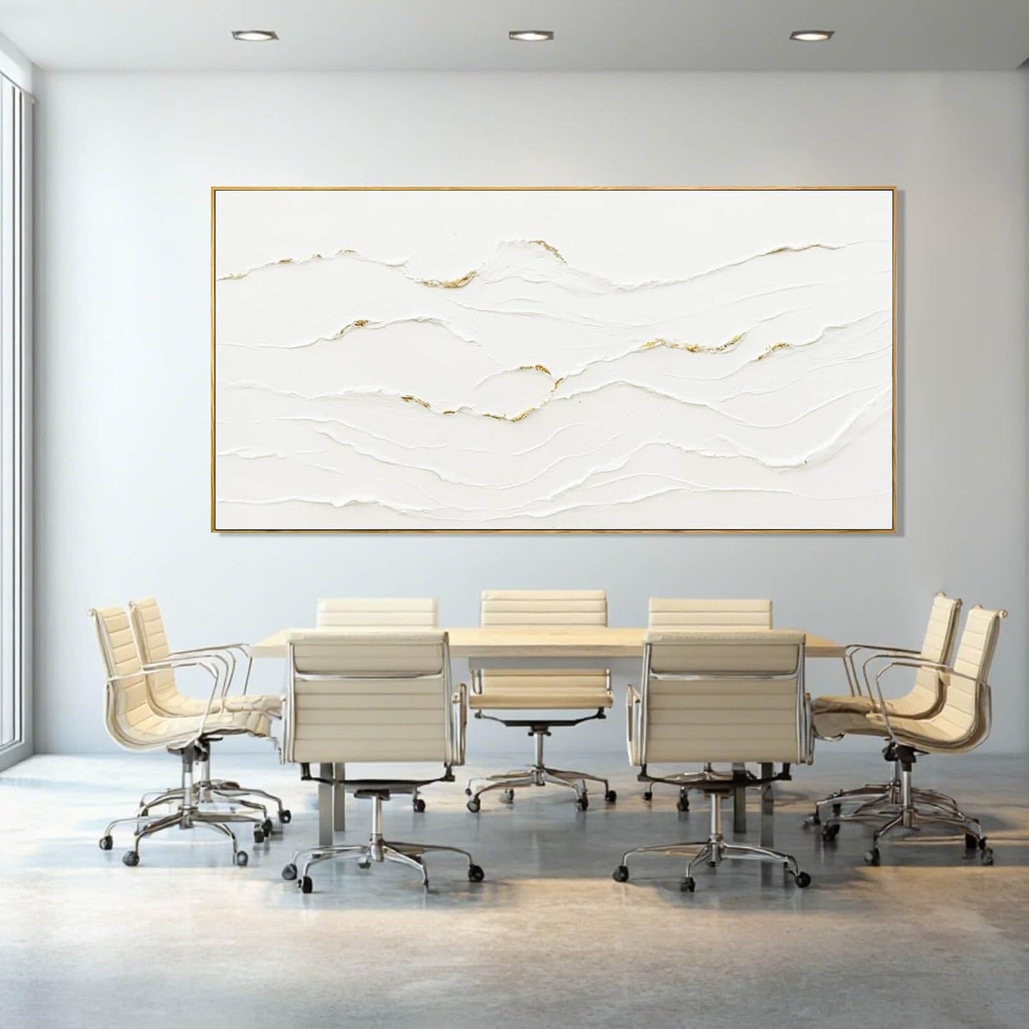 Large Wavy Line White Abstract Wall Art with Frame Minimalist Modern Hand drawn Painting Textured Poster for Living Room Dining Room Bedroom Decor 29"x58"