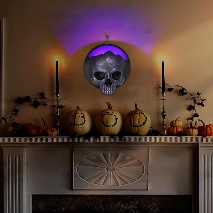 WONDER GARDEN 7.68 inch Halloween Skull Hanging Wall Decorations Light up Resin Purple Gothic Skeleton Halloween Creepy Sculptures for Indoor Outdoor Office Horror Home Wall Decor